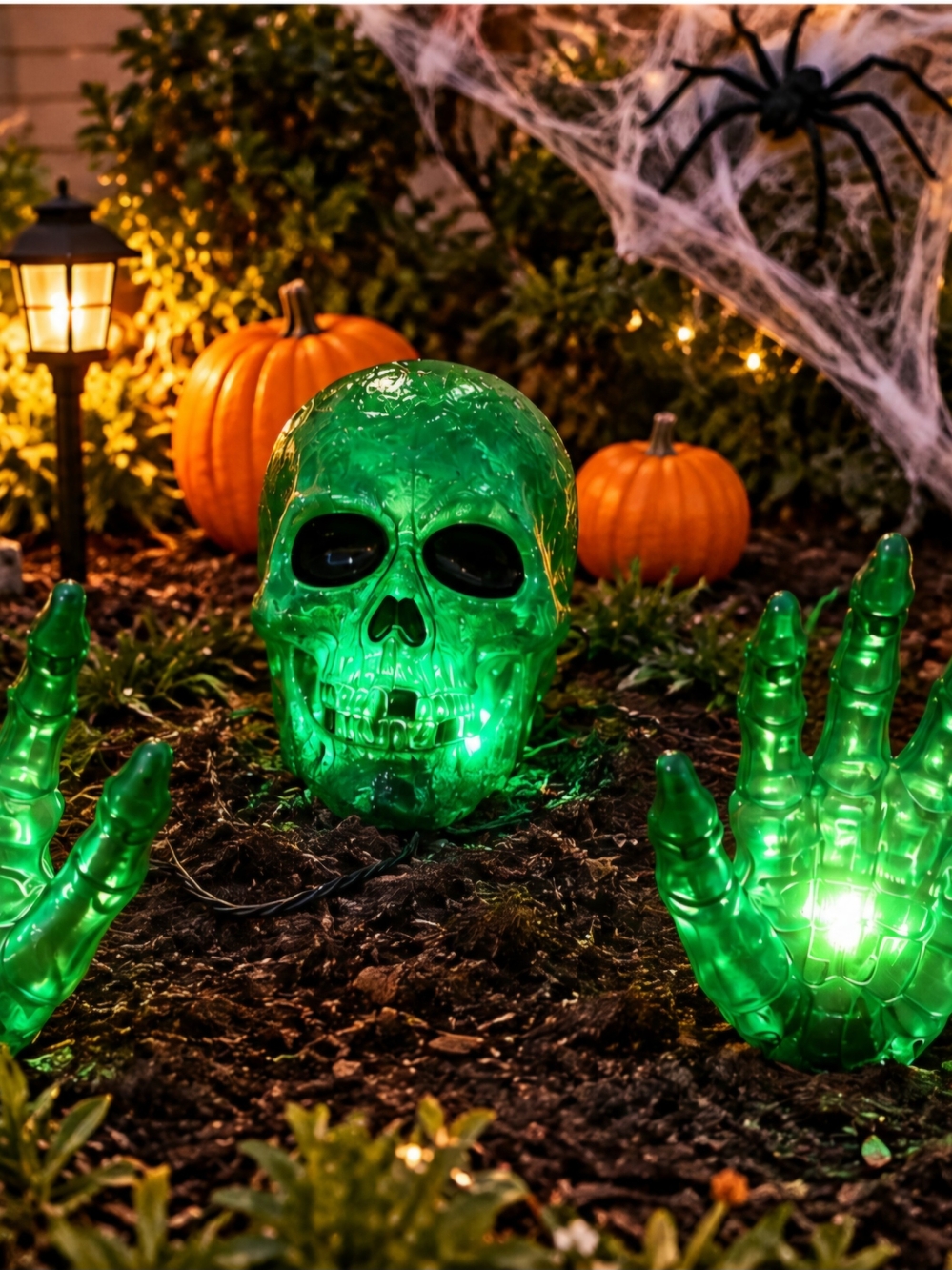 Green LED Skull and Hands Halloween Yard Decor by
